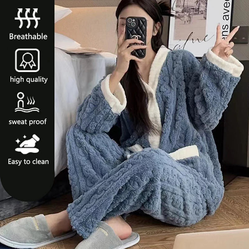 2pcs/Set Autumn And Winter Pajamas Women Thickened Padded Warm Coral Girls Clot Velvet Suit Homewear Cardigan Trousers