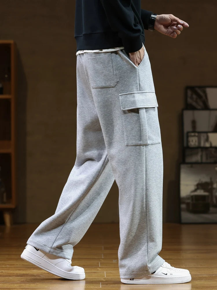 Spring Autumn Multi-Pockets Sweatpants Men Drawstring Waist Sportswear Casual Track Pants Plus Size Loose Straight Trousers 8XL