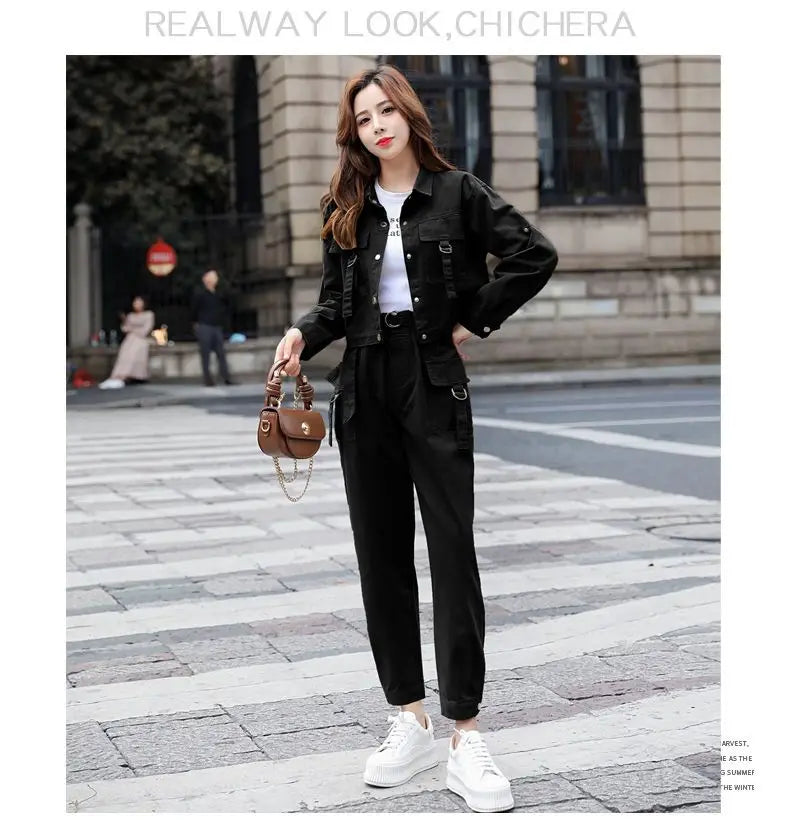 JOEVILU 2PCS Streetwear Tracksuit Cargo Coat Casual Pants 2 Piece Sets Women's Outfits Spring and Autumn Korean Fashion Y2k Suit