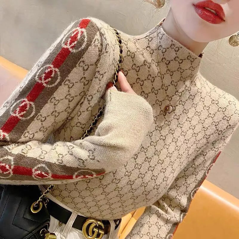 Autumn Winter New Chic Y2k Knitted Sweaters Women Clothing Letter Jacquard Half High Collar Pullovers Elastic Slim Wool Knitwear