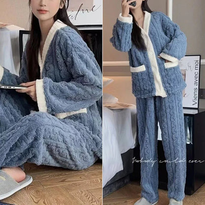 2pcs/Set Autumn And Winter Pajamas Women Thickened Padded Warm Coral Girls Clot Velvet Suit Homewear Cardigan Trousers