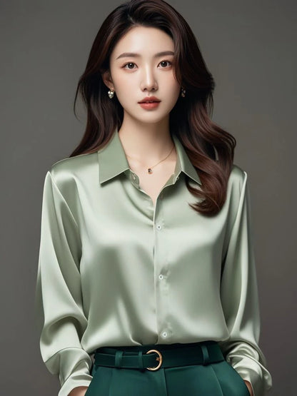 Women’s Elegant Silk Office Shirt | Slim Long Sleeve Workwear Blouse – Korean Fashion Y2K Top