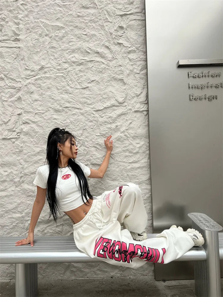 New Streetwear White Track Pants Women Harajuku Hippie Wide Leg Sweatpants Oversize Quick Dry Printed Joggers Trousers