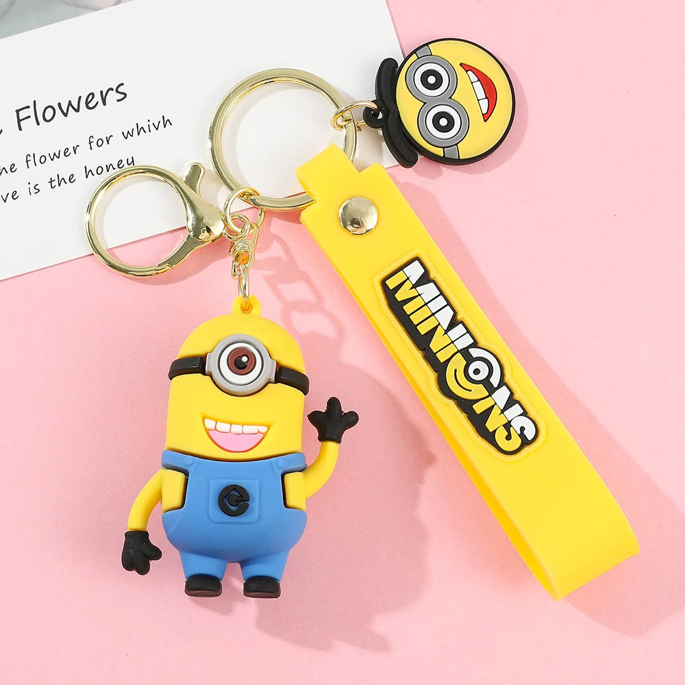 Minions Keychain Cartoon Toys Model Silicone Pendant Keyring Cosplay Car Backpack Key Holder Accessories