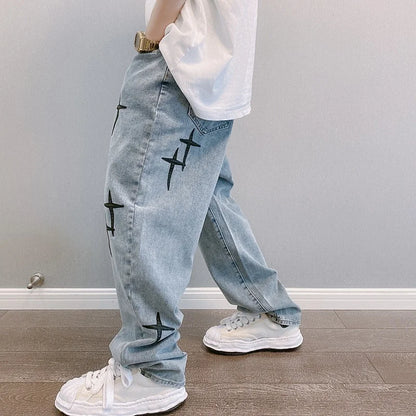 Prints Jeans Men  New Streetwear Baggy Wide Leg Jeans Korean Fashion Drapes Straight Casual Loose Denim Cargo Pants