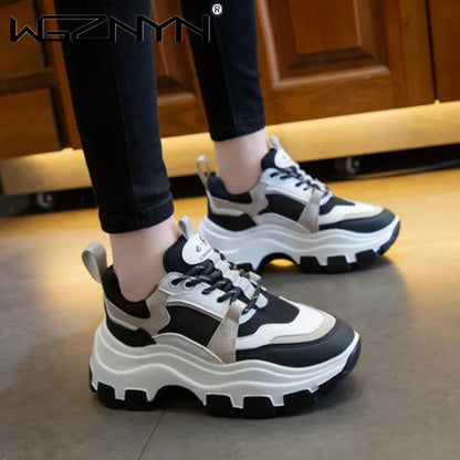 Brand Women Chunky Sneakers Vulcanize Shoes Korean Fashion New Female Black White Platform Thick Sole Sneaker Casual Shoes Woman