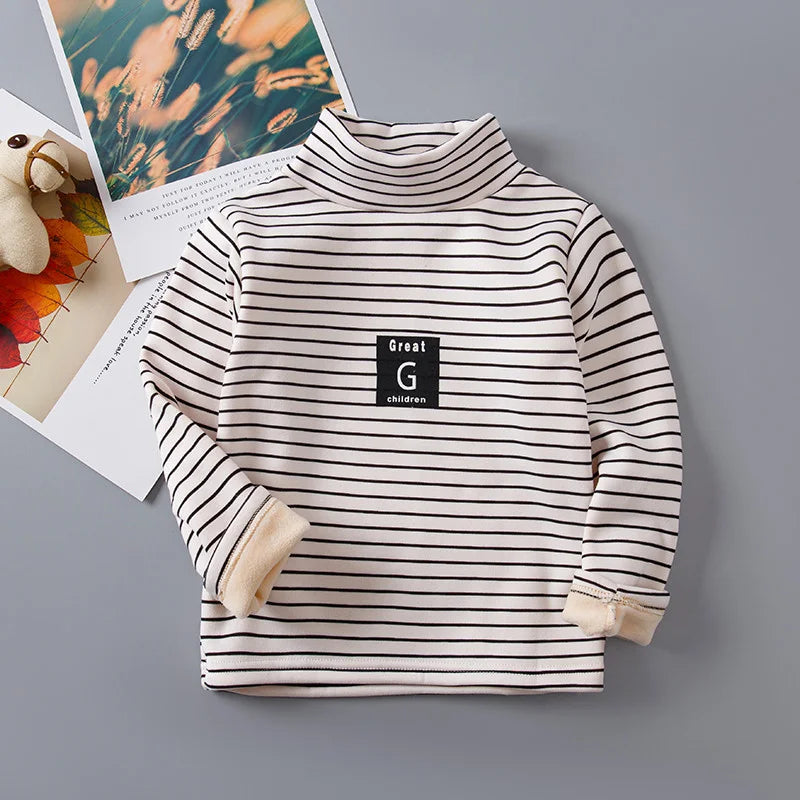 Children Striped Thickened Base Shirt High Collar Top Single Piece Boys Girls Half High Collar Long Sleeve T-shirt