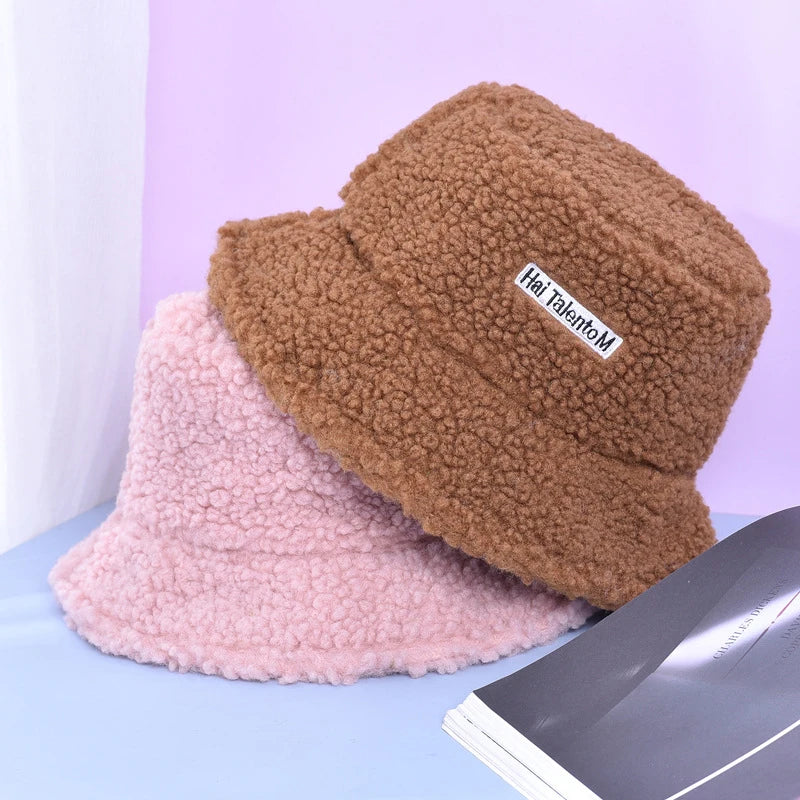 Winter Baby Girl Boy Bucket Hat Cute Lamb Wool Letter Kids Fisherman Hat Solid Flat Top Hats  Outdoor Thick Warm Sun Cap