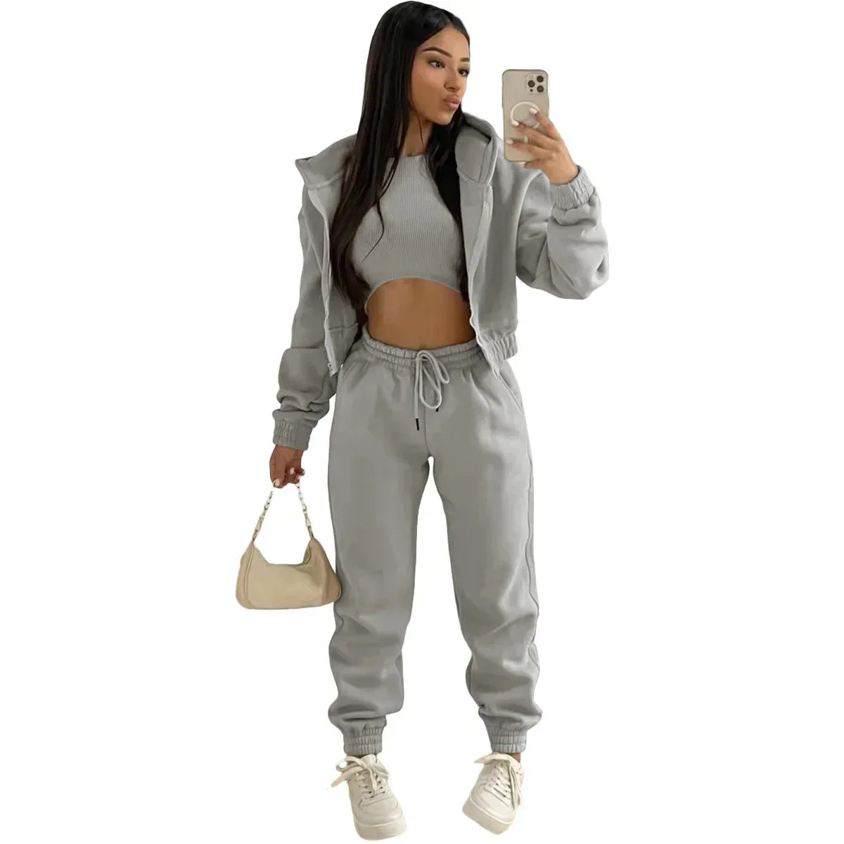 3pcs Women's Clothing Set Fleece-lined Hooded Sweater &Sleeveless Tank Top & Sports Sweatpants Pants