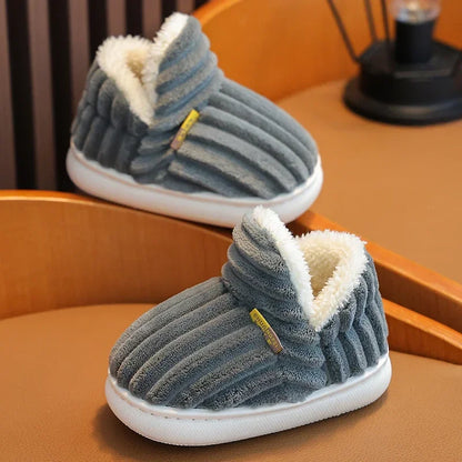 New Winter Concise Stripe Plush Slippers Children's Non-slip Soft Sole Kids Boys Girls Heel Wrap Warm High Home Cotton Shoes