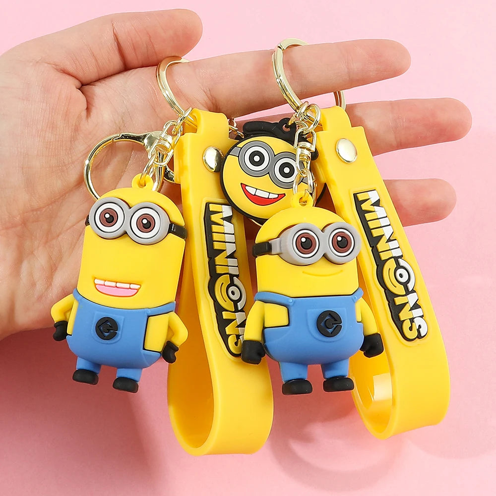 Minions Keychain Cartoon Toys Model Silicone Pendant Keyring Cosplay Car Backpack Key Holder Accessories