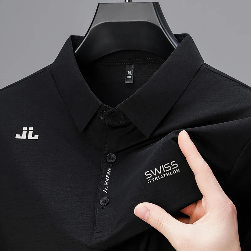 Men’s Business Casual Polo Shirt | Short Sleeve Solid Color Top with Badge – Fashionable & Breathable