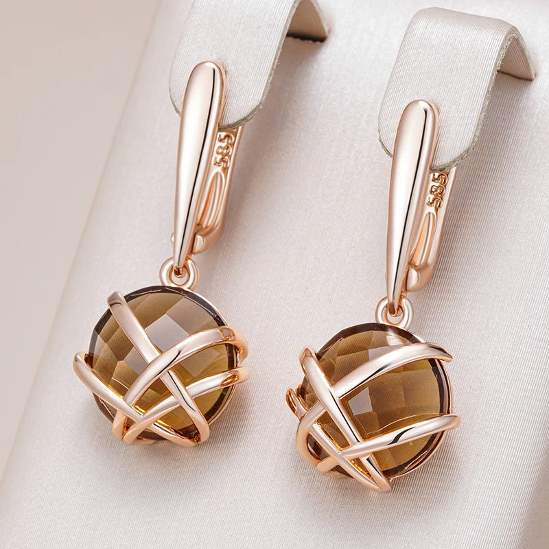 Kinel Hot Light Brown Natural Zircon Drop Earrings for Women Luxury 585 Rose Gold Color Glossy Metal Daily Fine Ethnic Jewelry