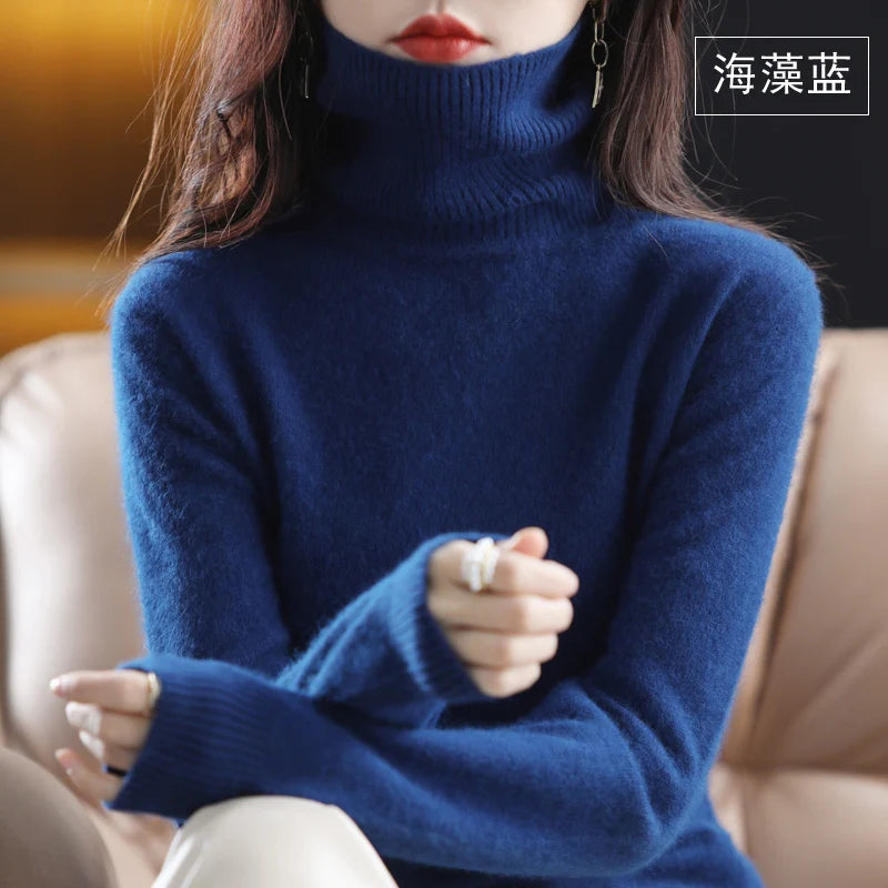 Autumn And Winter New 100% Mink Cashmere Sweater Women's High Neck Knitted Pullover Loose Korean Fashion Warm Women's Top