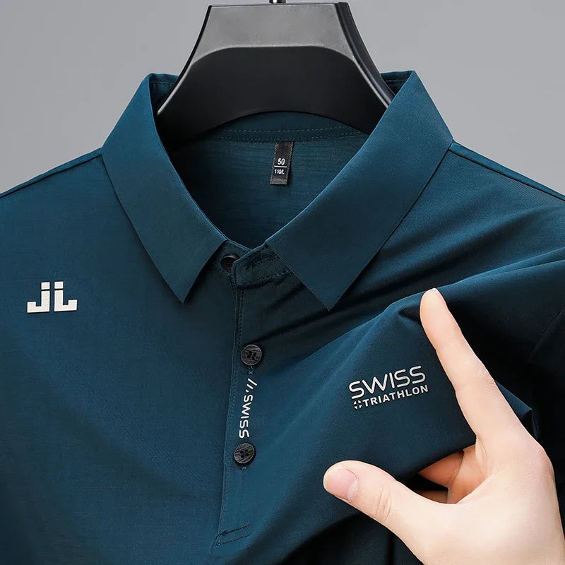 Men’s Business Casual Polo Shirt | Short Sleeve Solid Color Top with Badge – Fashionable & Breathable