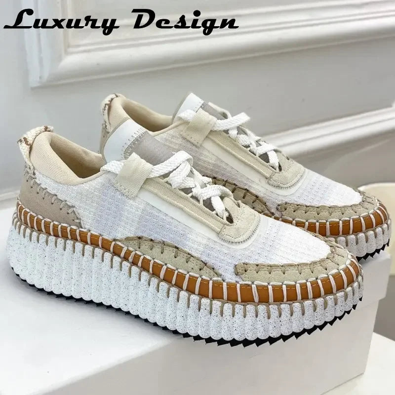 Luxury Designer Sneakers Women Thick Sole Mixed Colors Brand Sport Shoes Round Toe Lace Up Casual Sneakers Shoes Female