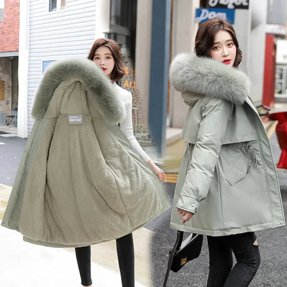 Women Parka 2024 New Fashion Long Coat Wool Liner Hooded Parkas Winter Jacket Slim with Fur Collar Warm Snow Wear Padded Clothes