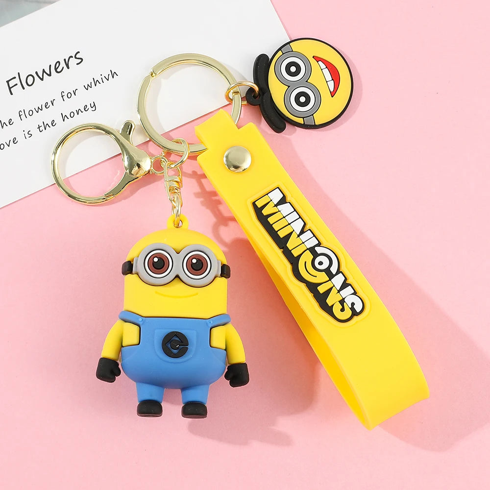 Minions Keychain Cartoon Toys Model Silicone Pendant Keyring Cosplay Car Backpack Key Holder Accessories