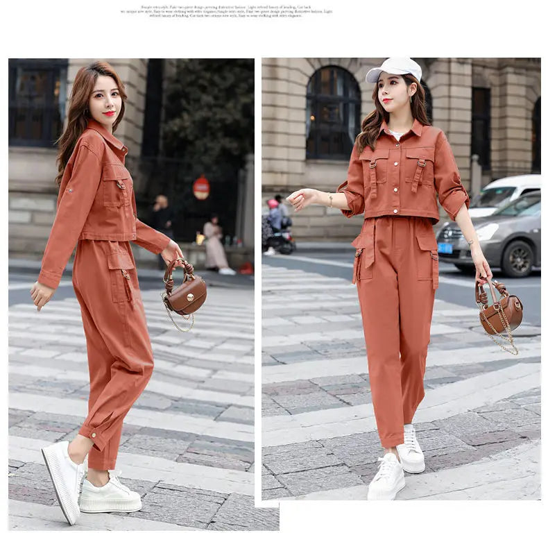 JOEVILU 2PCS Streetwear Tracksuit Cargo Coat Casual Pants 2 Piece Sets Women's Outfits Spring and Autumn Korean Fashion Y2k Suit