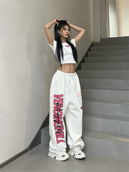 New Streetwear White Track Pants Women Harajuku Hippie Wide Leg Sweatpants Oversize Quick Dry Printed Joggers Trousers