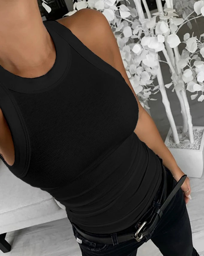 Sleeveless Ribbed Knit Tank Top Slim Fit Basic Casual Everyday Wear For Women