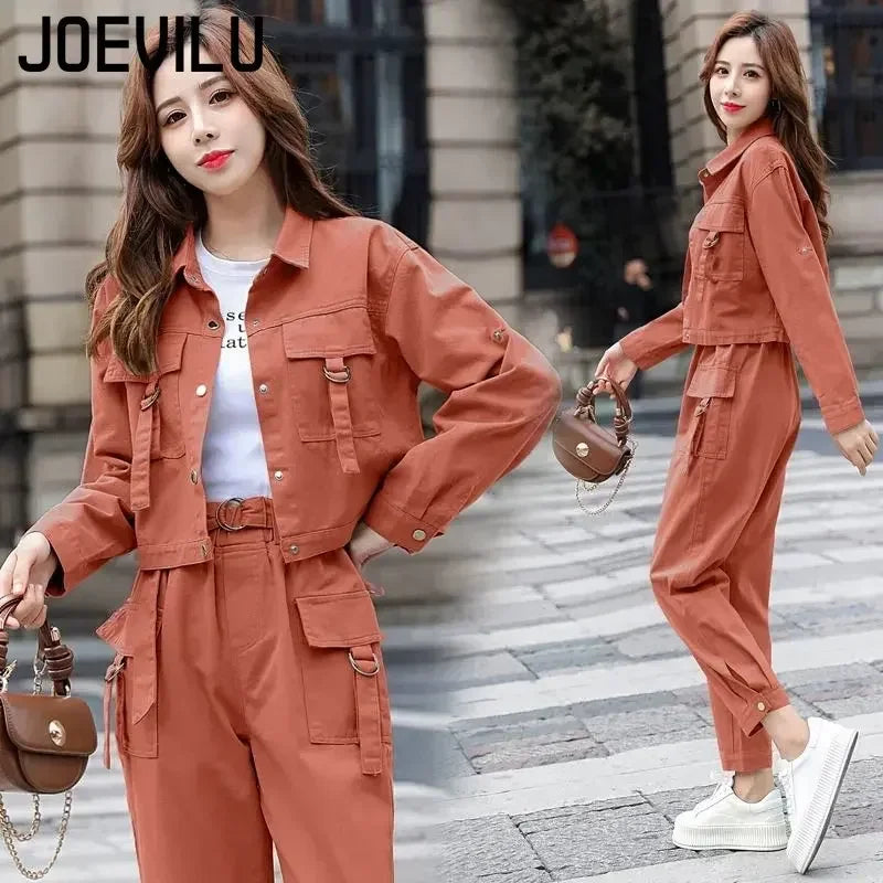 JOEVILU 2PCS Streetwear Tracksuit Cargo Coat Casual Pants 2 Piece Sets Women's Outfits Spring and Autumn Korean Fashion Y2k Suit