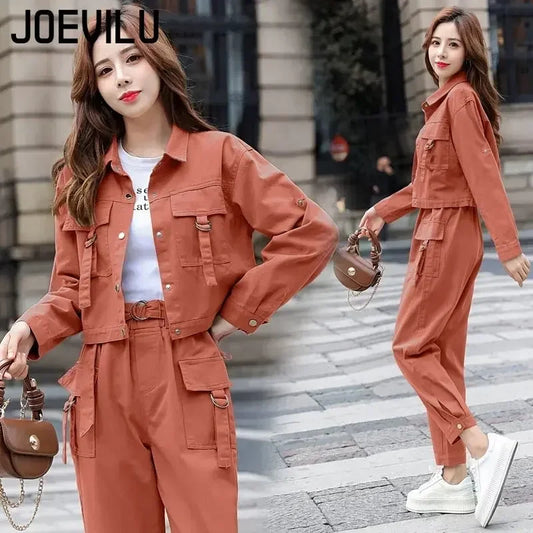 JOEVILU 2PCS Streetwear Tracksuit Cargo Coat Casual Pants 2 Piece Sets Women's Outfits Spring and Autumn Korean Fashion Y2k Suit