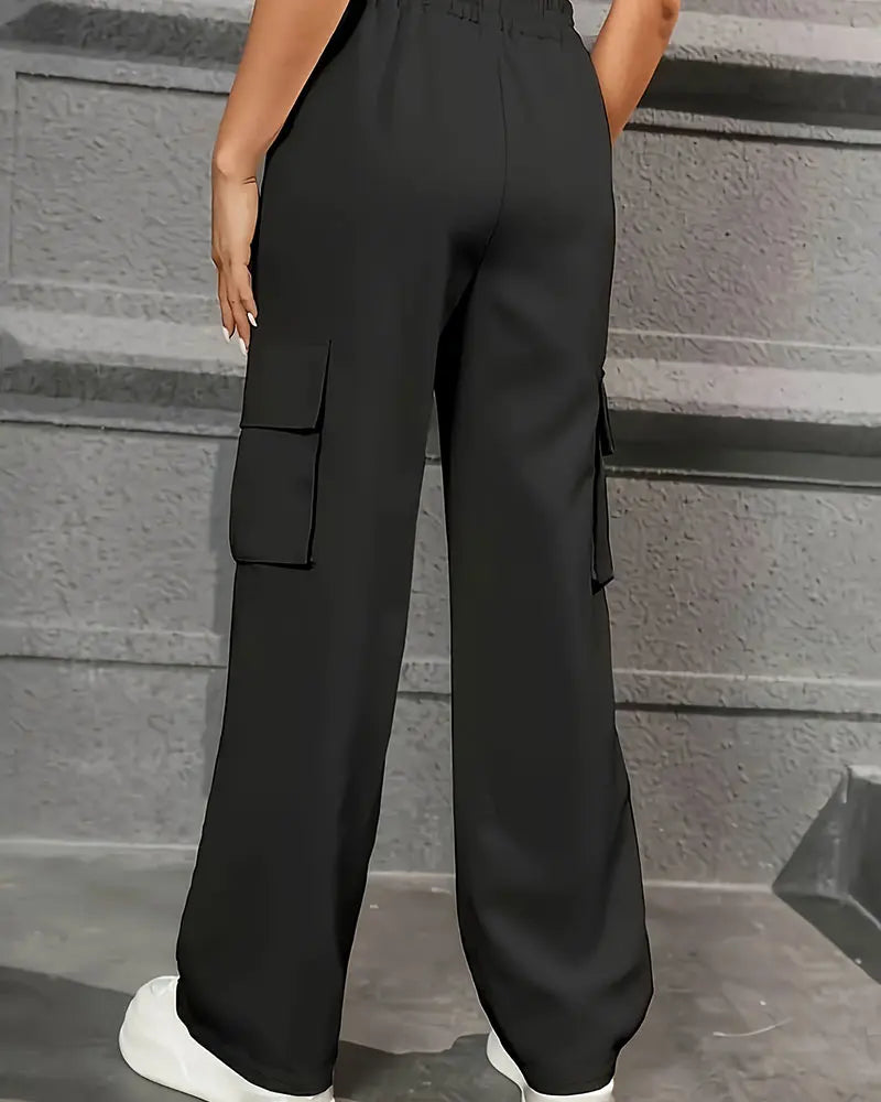 Elastic Waist Fashionable Workwear Pants High Waist Wide Leg Pants Loose Solid Color Casual Sports Pants WOMEN'S Sportswear