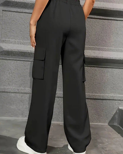 Elastic Waist Fashionable Workwear Pants High Waist Wide Leg Pants Loose Solid Color Casual Sports Pants WOMEN'S Sportswear