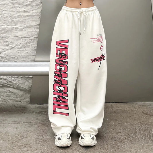 New Streetwear White Track Pants Women Harajuku Hippie Wide Leg Sweatpants Oversize Quick Dry Printed Joggers Trousers