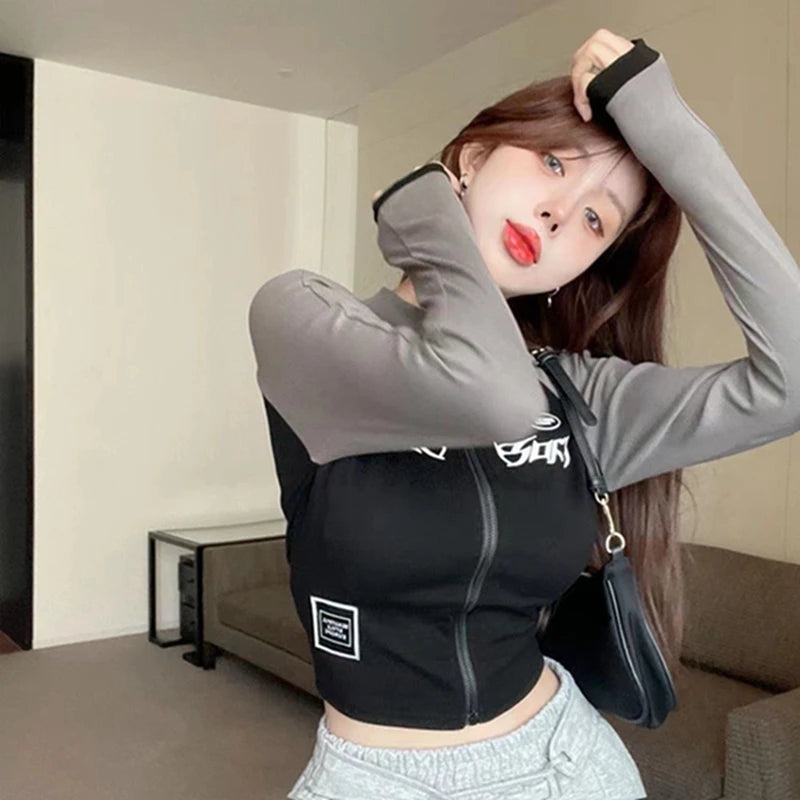 Y2K Vintage T-shirt Women Spring O Neck Long Sleeve Crop Top Korean Fashion Vintage High Street Zip Up Skinny Tees Streetwear