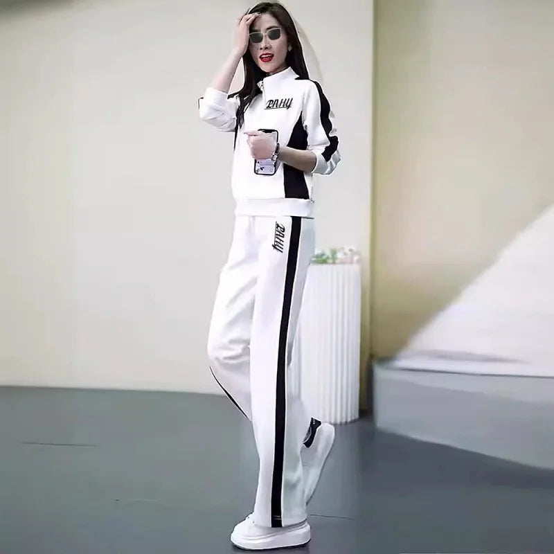 Casual sports suit for women spring and autumn 2024 new fashion stand-up collar sweatshirt wide-leg pants two-piece set