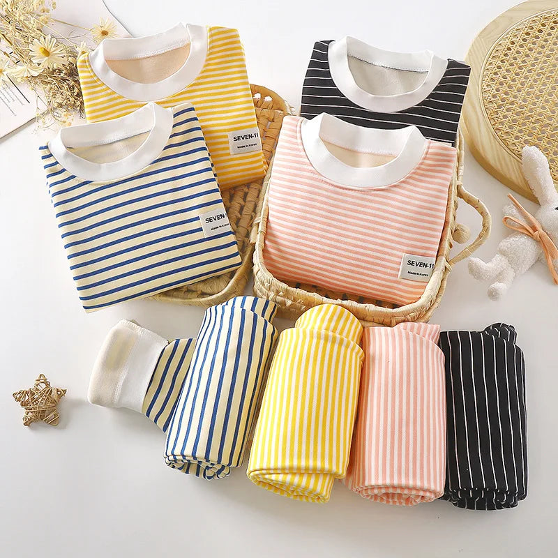 New striped plush warm children's clothing set for boys and girls pajamas clothing pants autumn and winter pajamas 0-5 years old