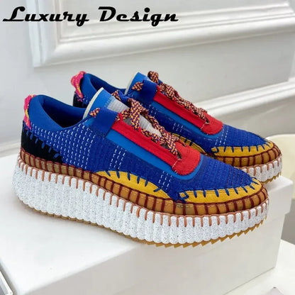 Luxury Designer Sneakers Women Thick Sole Mixed Colors Brand Sport Shoes Round Toe Lace Up Casual Sneakers Shoes Female