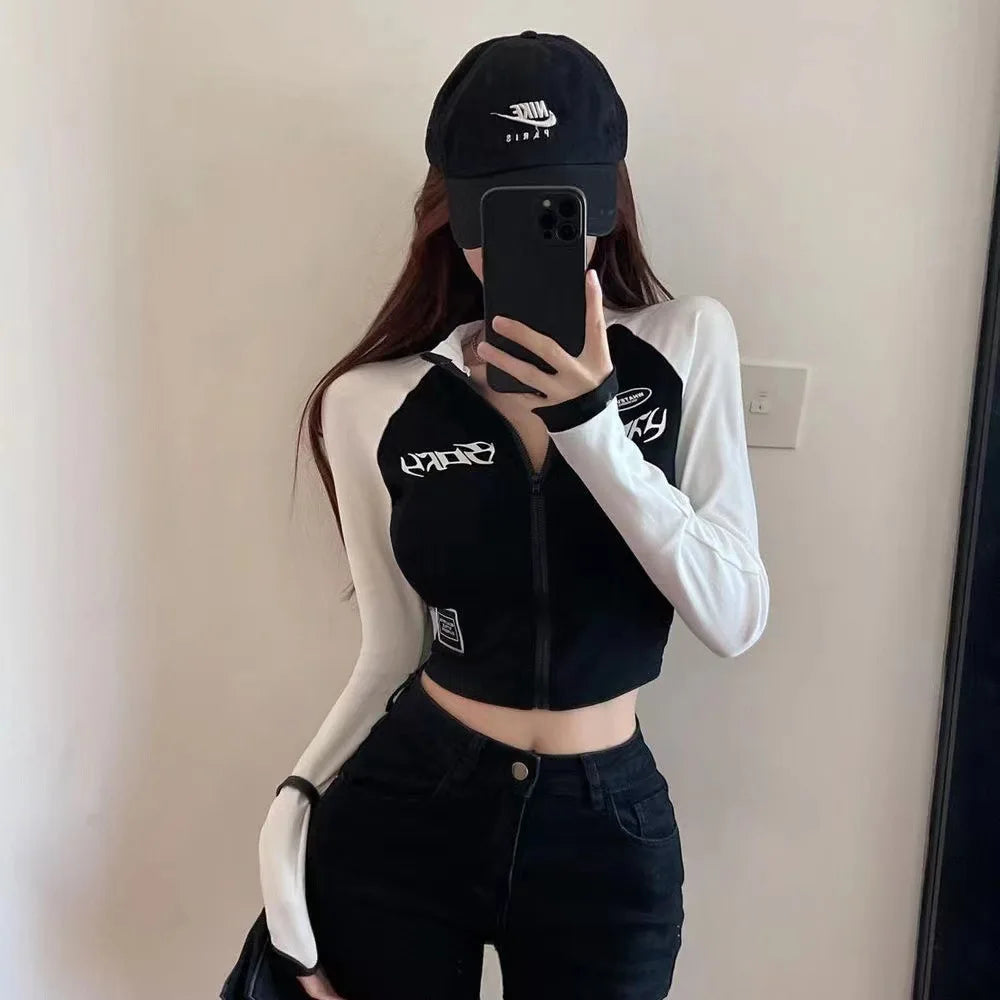 Y2K Vintage T-shirt Women Spring O Neck Long Sleeve Crop Top Korean Fashion Vintage High Street Zip Up Skinny Tees Streetwear