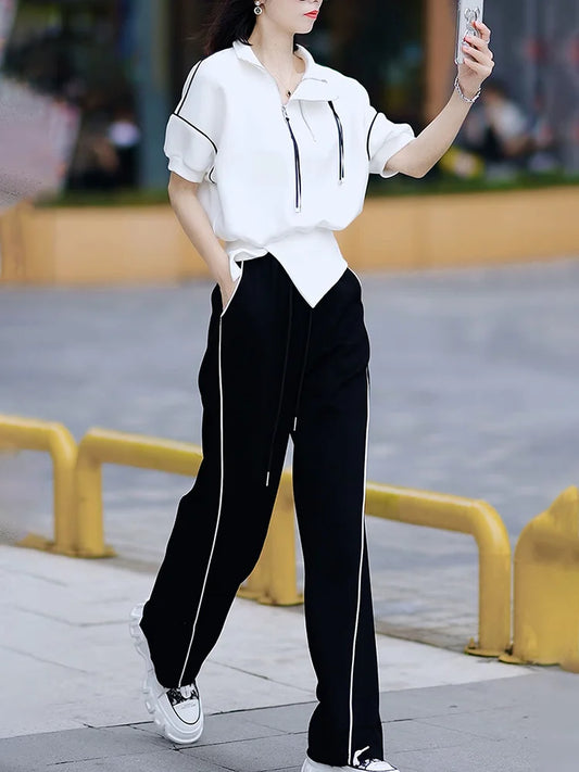 Pant Sets Women Wide-leg Pants Suit New Summer Short Sleeve Tops With Casual Pants Two Piece Set Conjuntos Para Mujeres 2 Piezas