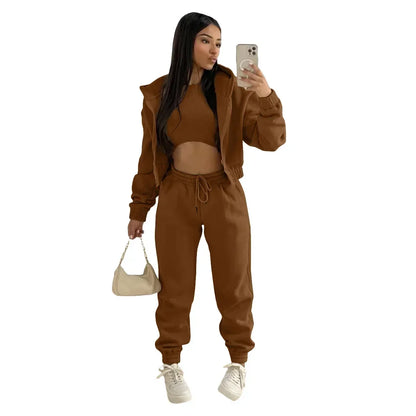 3pcs Women's Clothing Set Fleece-lined Hooded Sweater &Sleeveless Tank Top & Sports Sweatpants Pants