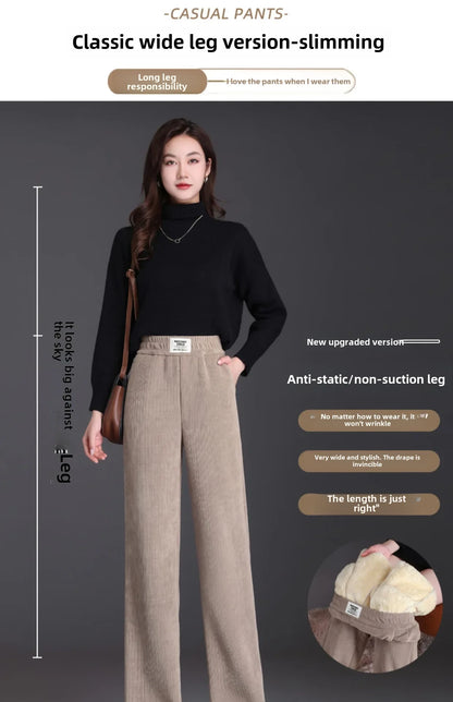 Winter New Women's Bottoms Fleece-lined Straight-leg Casual Wool Pants Autumn High-quality Ladies Trousers