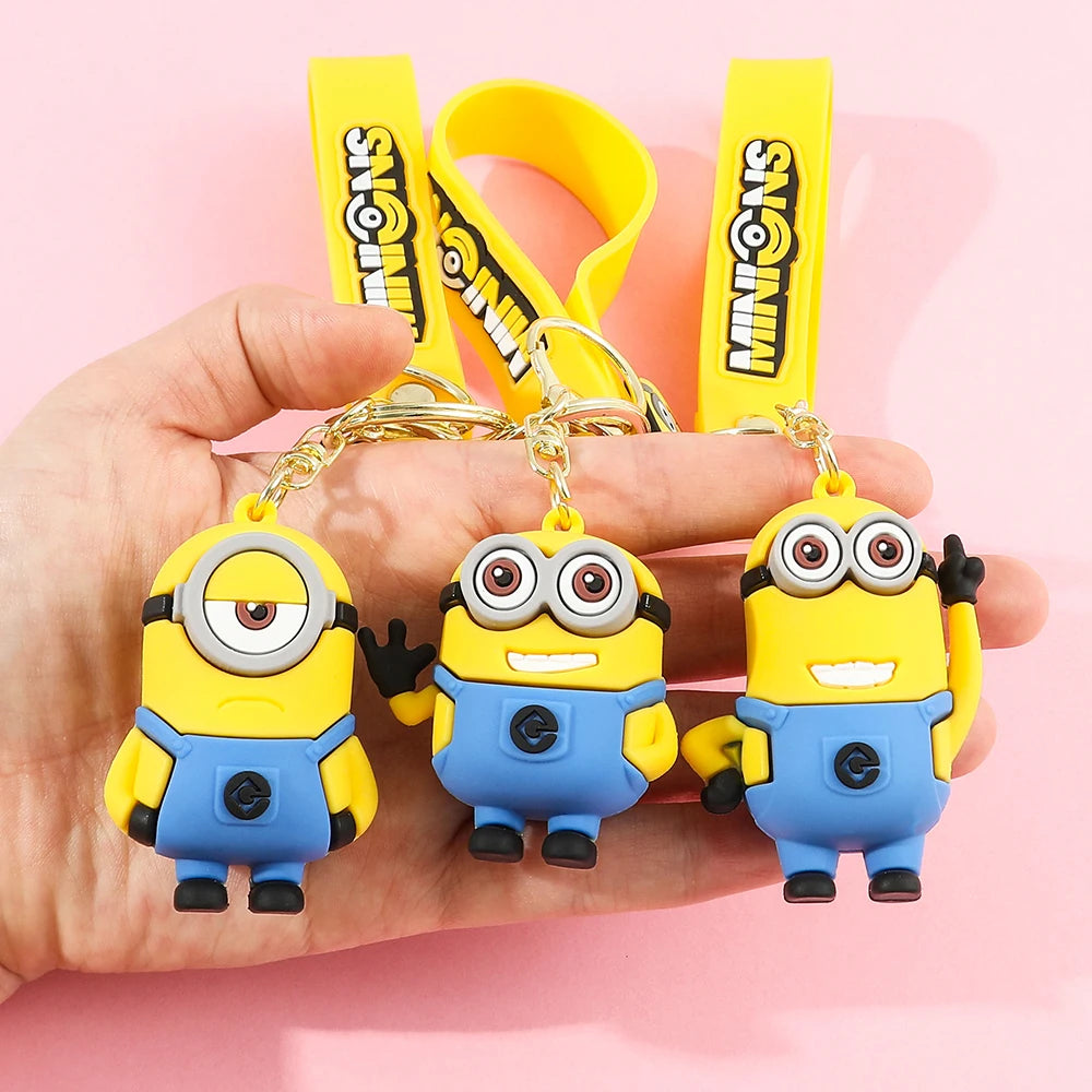 Minions Keychain Cartoon Toys Model Silicone Pendant Keyring Cosplay Car Backpack Key Holder Accessories