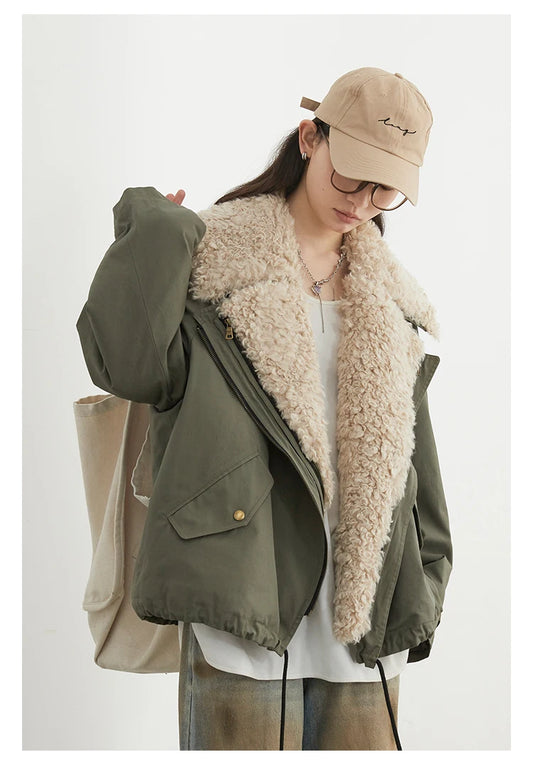 Women’s Streetwear Coat – Retro Motorcycle Style Cotton Jacket, Thick Warm Loose Casual Outerwear