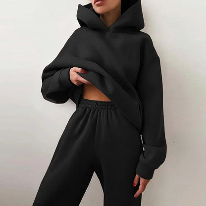 Women's Fashion Sweatshirt And Pants Set Solid Color Casual Sports Style For Autumn/Winter