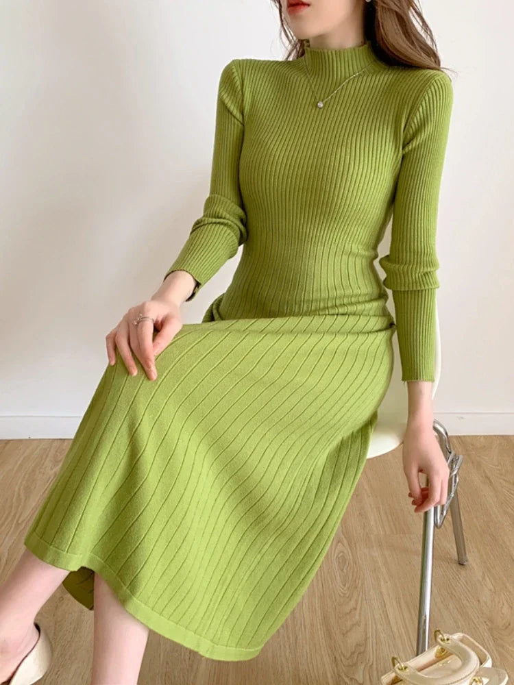 Autumn Winter 2024 Slim Long Sleeve Party Midi Dress for Women Knitted Half High Collar Elegant Knitted Sweater Dresses Ladies