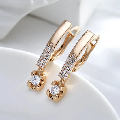 Simple Elegant Drop Earrings For Women 585 Rose Gold Color With White Natural Zircon Daily Party Fine Jewellery Accessories