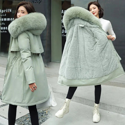 Winter Women Jacket Parka Clothes Wool Liner Fur Collar Warm Loose Long Coat Hooded Jacket Warm Thick Snow Wear Padded Parka