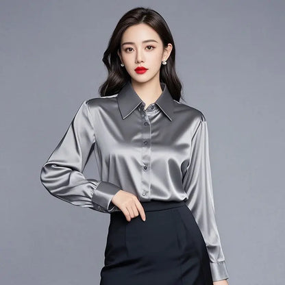 Women’s Elegant Silk Office Shirt | Slim Long Sleeve Workwear Blouse – Korean Fashion Y2K Top