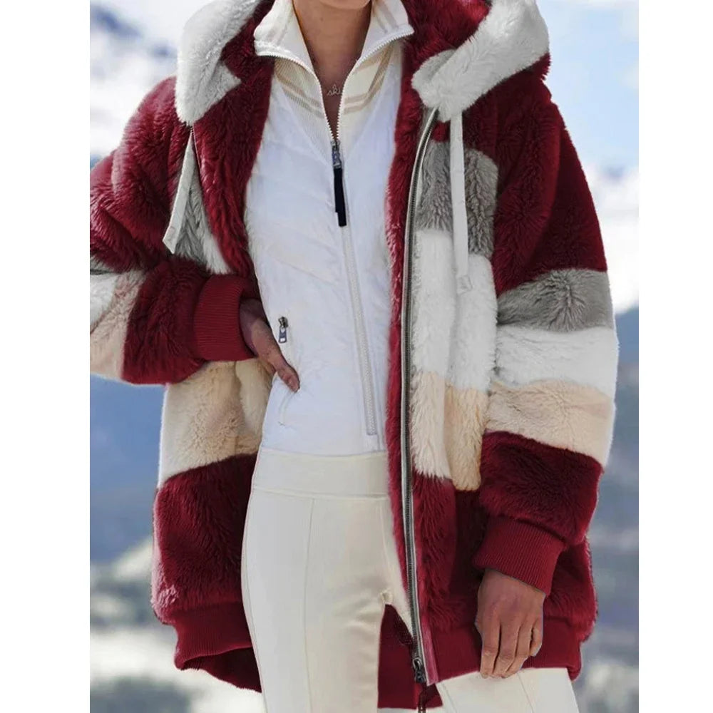 Women’s Winter Coat Hooded Zipper Jacket with Plaid Stitching & Thick Cashmere – Fashion Warm Outerwear