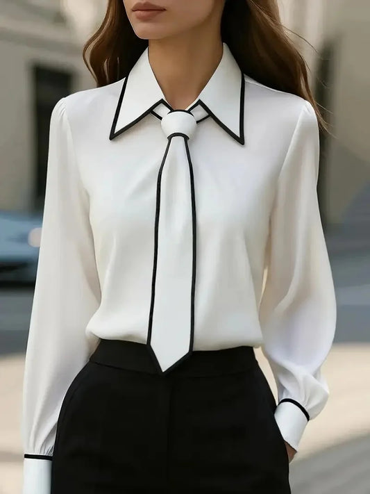 Women’s Bow Tie Blouse | Slim Fit Long Sleeve Office Shirt – Elegant Formal Workwear Top