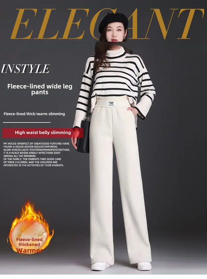 Winter New Women's Bottoms Fleece-lined Straight-leg Casual Wool Pants Autumn High-quality Ladies Trousers