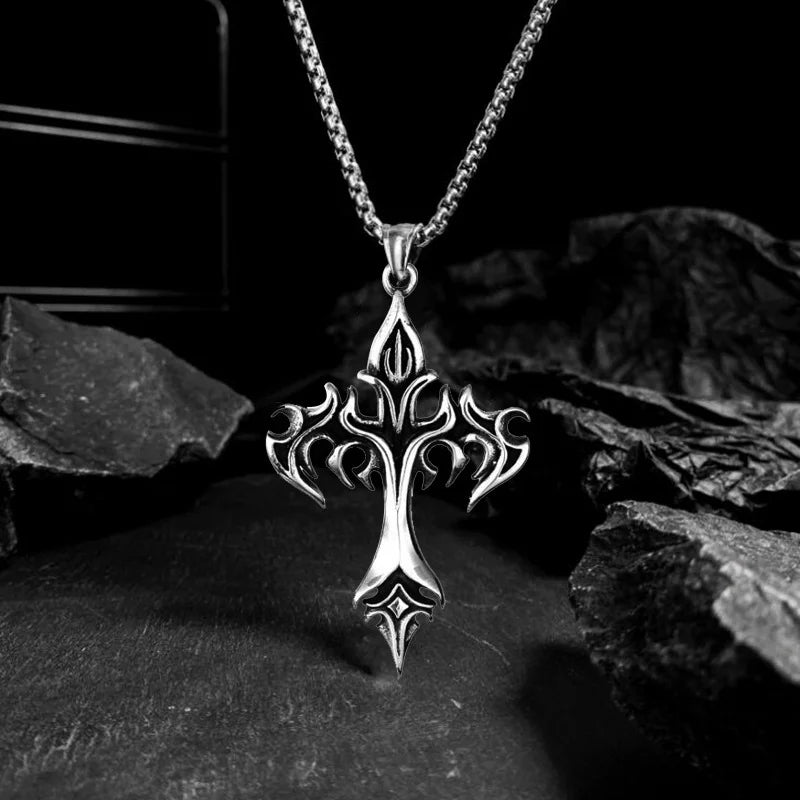 Men's Fashion Punk Flame Cross Pendant Chain Necklace for Women Male  Long Chain Hip Hop Rock Gothic Jewelry Gift