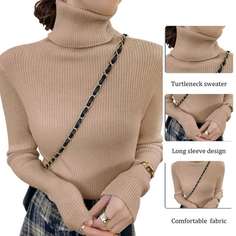 Women Sweater Pullover Winter Knitted Turtleneck Long Sleeve Slim Jumper Tops 2024 Ladies Casual Shirts Soft Warm Y2K Clothing